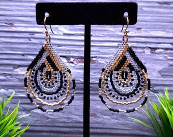 Handwoven Miyuki Beaded Earrings: Gold-Plated Dangle Fringe