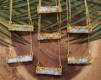 Gold Electroplated Druzy Bar Necklace: Stainless Steel Chain