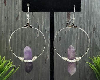 Natural Amethyst Point Earrings / Hoop Earrings / Silver Amethyst Earrings / Statement Earrings / Stone Earrings / Silver Hoop Earrings