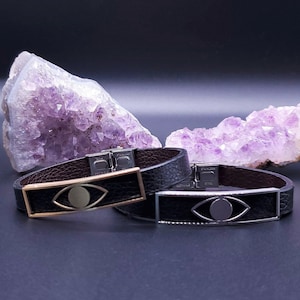Men&#39;s Leather Evil Eye Bracelet: Stainless Steel Cuff