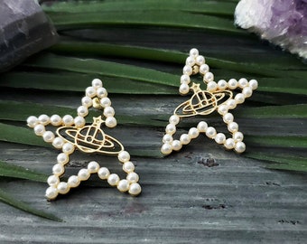 Pearl Star Earrings / Saturn Earrings / Celestial Earrings / Space Earrings / Galaxy Earrings / Outer Space Earrings / Star Earrings