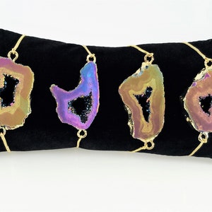 Color Shifting Titanium Electroplated Rainbow Natural Druzy Agate 14K Gold Plated Slide Clasp Boxchain Gemstone Bracelet