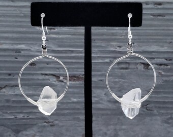 Quartz Nugget Earrings / Hoop Earrings / Silver Quartz Earrings / Quartz Earrings / Wirewrapped Earrings / Raw Stone Earrings / Silver Hoops