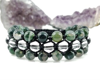 Pulsera Shamballa para hombre de ágata musgosa y cuarzo transparente
