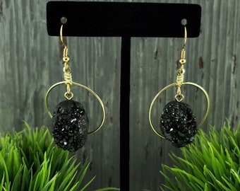 Black Druzy Quartz Earrings / Druzy Hoop Earrings / Gold Hoop Earrings / Druzy Earrings / Titanium Druzy Earrings / Hoops / Clip On Earrings