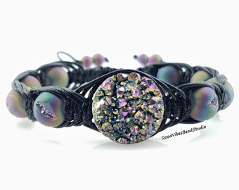 Rainbow Titanium Druzy Macrame Bracelet: Adjustable Shamballa Style