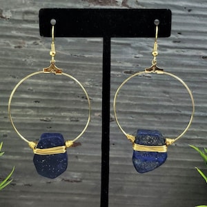 Natural Lapis Lazuli Hoop Earrings: Gold Plated Brass