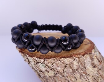 Pulsera de cuentas ajustable de ónix negro de doble fila para hombre