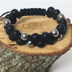 Men&#39;s Double Row Matte Black Onyx and Silver Hematite Adjustable Bead Bracelet
