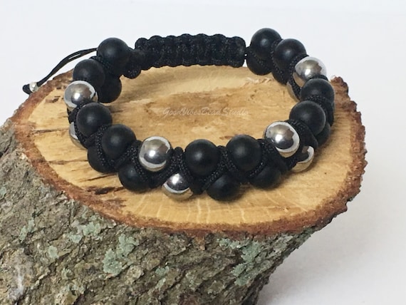Men's Double Row Matte Black Onyx and Silver Hematite | Etsy