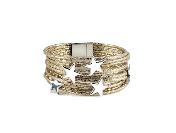 Star Wrap Bracelet Leather Cuff Layered Bracelet Gold Cuff Bracelet Multi Layer Bracelet Star Bracelet Gold Wrap Bracelet Etsy