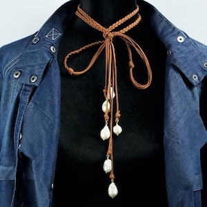Vegan Suede Braided Freshwater Baroque Pearl Wrap Choker / Pearl Lariat Necklace / Braided Necklace / Wrap Necklace / Y Necklace