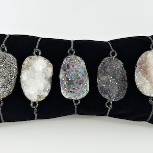 Slide Clasp Natural Druzy Adjustable Chain Bracelet / Gunmetal Titanium Druzy Bracelet / Druzy Bracelet / Electroplated Titanium Druzy