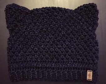 Hand Made Crochet Black Cat Ear Beanie