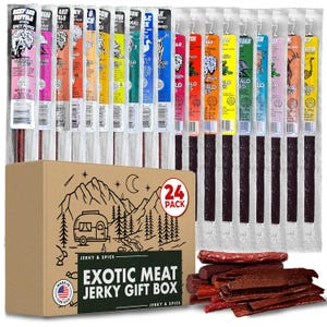 Exotic Meat Jerky Variety Pack, Wild Game Snacks, Buffalo Bob's 24 Pack + Gift Box