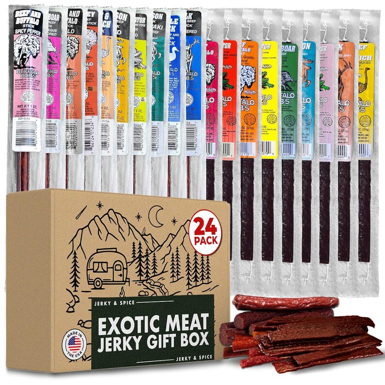 Exotic Meat Jerky Variety Pack, Wild Game Snacks, Buffalo Bob's 24 Pack + Gift Box