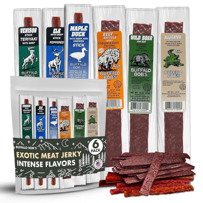 Exotic Meat Jerky Variety Pack, Wild Game Snacks, Buffalo Bob's Flavor Pack
