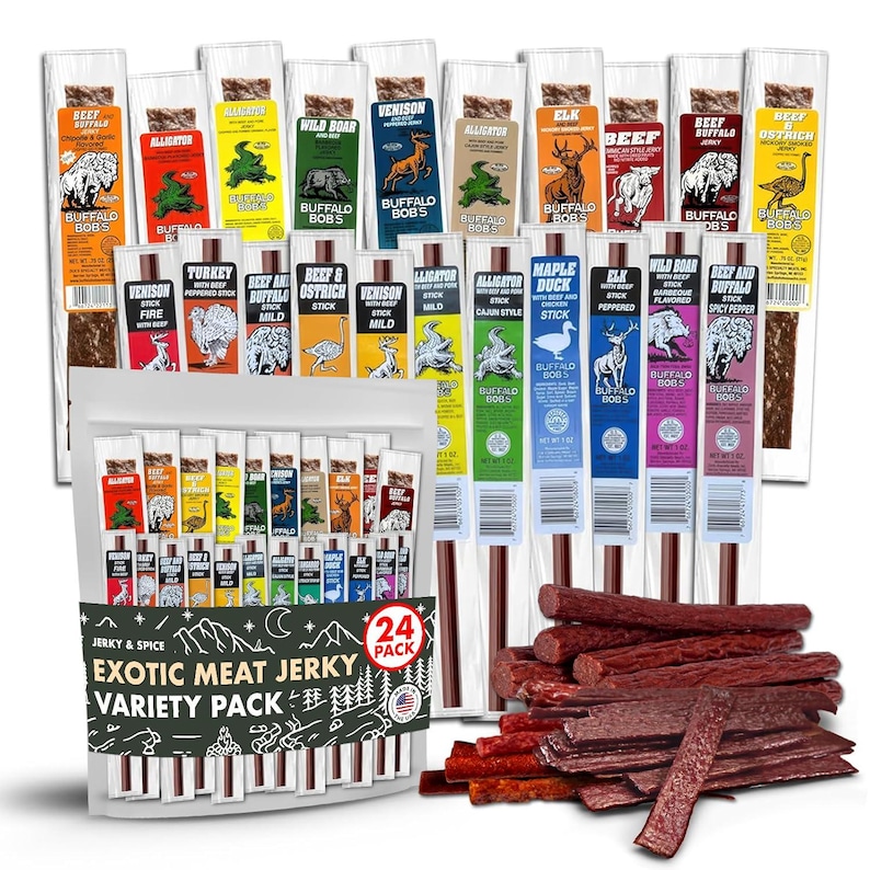 Exotic Meat Jerky Variety Pack, Wild Game Snacks, Buffalo Bob's 24 Pack