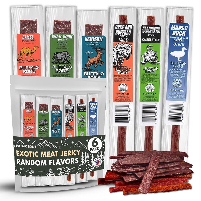 Exotic Meat Jerky Variety Pack, Wild Game Snacks, Buffalo Bob's Random Pack