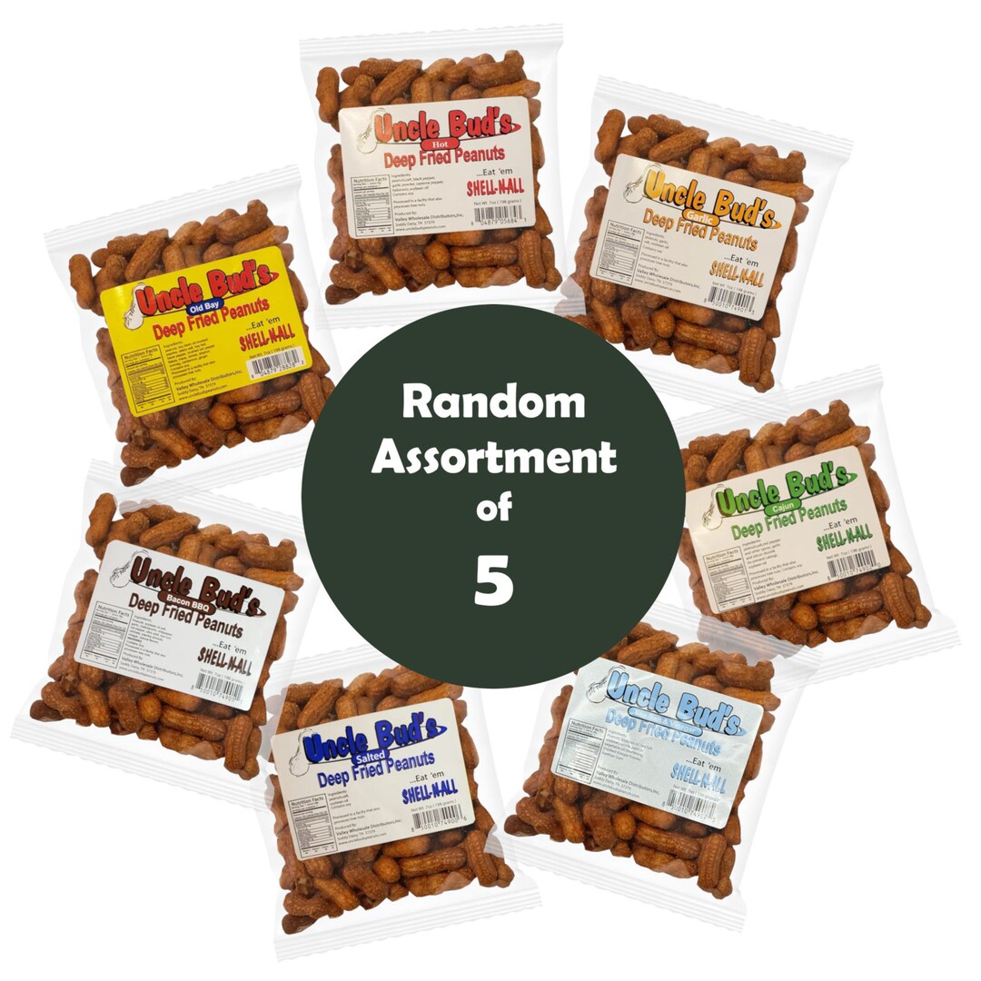 Uncle Bud's Deep Fried Peanuts 5 Pack Salted, Cajun, Garlic, Hot, Old