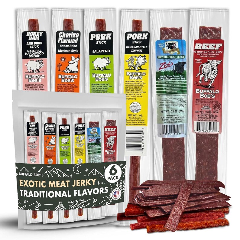 Exotic Meat Jerky Variety Pack, Wild Game Snacks, Buffalo Bob's Traditional Pack