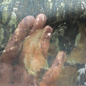 May include: Close-up of a hand wearing camouflage fabric. The fabric has a pattern of green, brown, and black.