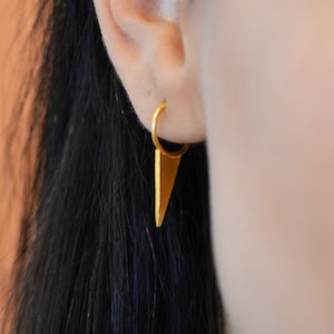 Tiny triangle gold huggie hoop earring, Single geometric mix match hoop, 14k gold unisex tiny hoop earring, Men cute cool mini hoop earring