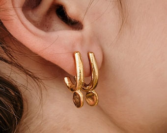 Small Open Hoop Earrings with a Chunky Organic Shape, Modern Statement Hoops in Gold Plated or Solid Gold, Unique Everyday Jewelry
