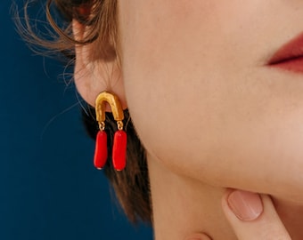 Red coral gemstone earrings, Gold dangle gem earrings, Rustic gemstone drop earrings, Unique everyday dangle earrings, Red silver earrings