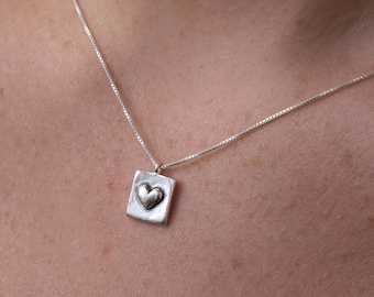Small heart necklace silver, Square pendant necklace delicate, Minimalist heart necklace sterling silver, Tiny heart pedant necklace for her