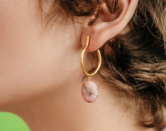 Large gold hoop earrings with dangle pink opal, Pink opal earrings, Dangle statement hoops with gemstone sterling silver, Unique gold hoops