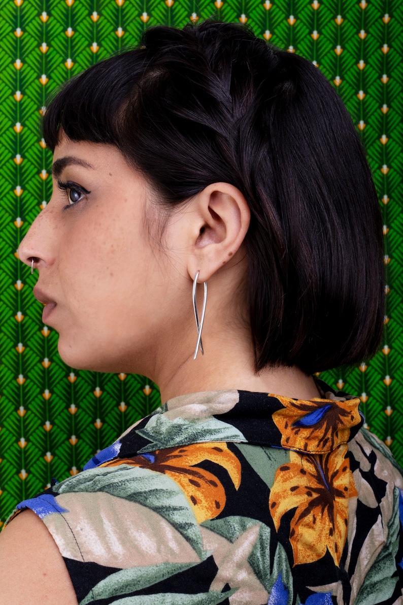 Unique silver hoop earrings, Double earrings, Silver front back earrings, Statement earrings, Long earrings, Front back dangle earrings image 1