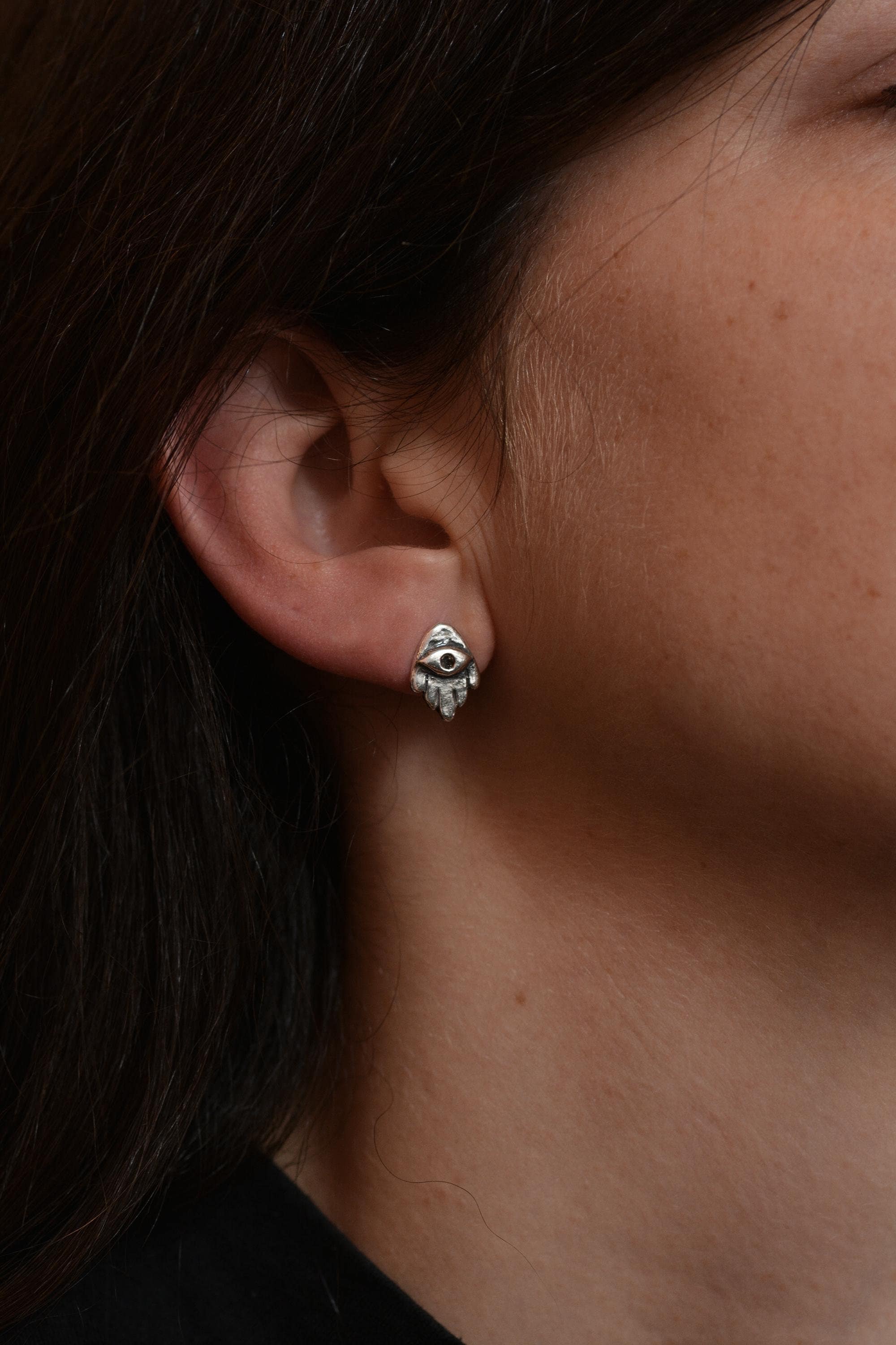 Hamsa evil eye stud earrings, 925 Silver hamsa hand earrings, Gold hamsa jewelry made in Israel, Evil eye charm earrings, Symbolic studs 14k