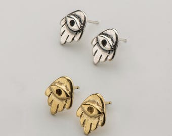 Hamsa evil eye stud earrings, 925 Silver hamsa hand earrings, Gold hamsa jewelry made in Israel, Evil eye charm earrings, Symbolic studs 14k