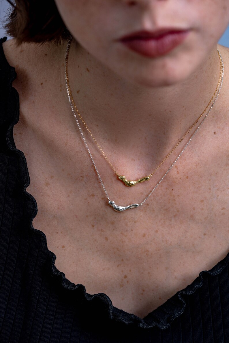 Raw delicate gold plated pendant necklace, Elegant minimalist silver choker necklace for her, Natural pendant necklace, Unique gold pendant image 4