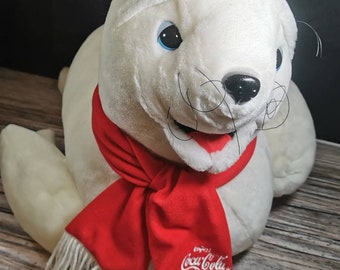 Large Vintage Coca Cola White Seal Christmas Plush Soft Toy with Scarf 22" 1999