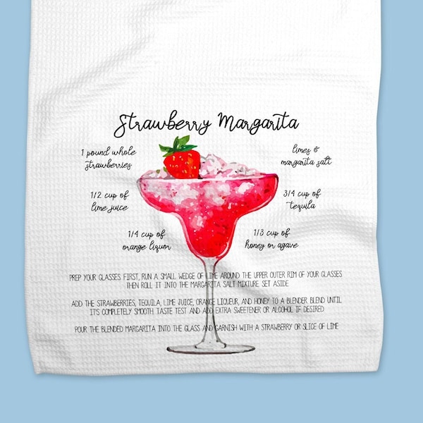 Strawberry Margarita Recipe Bar Towel, Margarita Recipe Towel, Bar Towel, Custom Waffle Weave Towel, Margarita Recipe Gift, Cocktail Recipes