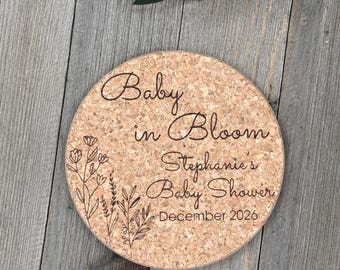 Baby in Bloom Cork Drink Coaster, Personalized Engraved Baby Shower Cork Coaster Favor, Wildflower Party Favor