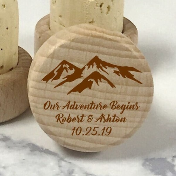 Custom Mountain Engraved Wine Stopper, Rustic Wedding Favor, FREE Organza Bag, Wood Wine Cork, Mountain Theme Wedding or Anniversary Favor