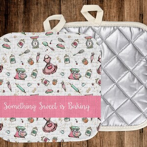 Pregnancy Announcement, Something Sweet is Baking Potholder, Custom Baby Shower Gift, Baby Shower Favor, Baby Shower Keepsake, Shower Decor