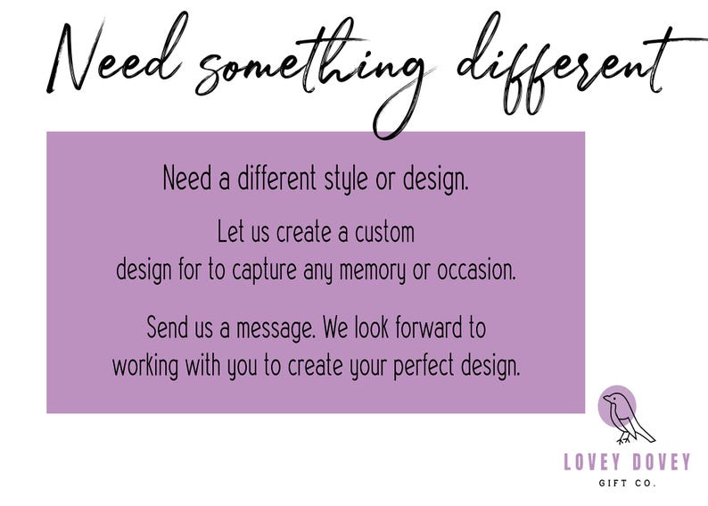 Op de afbeelding: De afbeelding toont de tekst "Need something different" in een cursief lettertype. Een paarse rechthoek bevat tekst met aangepaste ontwerpdiensten. Het logo van Lovey Dovey Gift Co. staat rechtsonder.