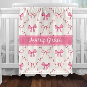 Personalized Pink Bow Baby Blanket, Bow and hearts Baby Blanket, Pink Bow Nursery Decor, Baby Shower Gift, Pink Bow and Ribbon Nursery Decor
