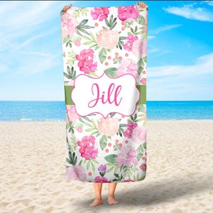 Personalized Floral Beach Towel, Custom Flower Themed Pool Party Beach Blanket