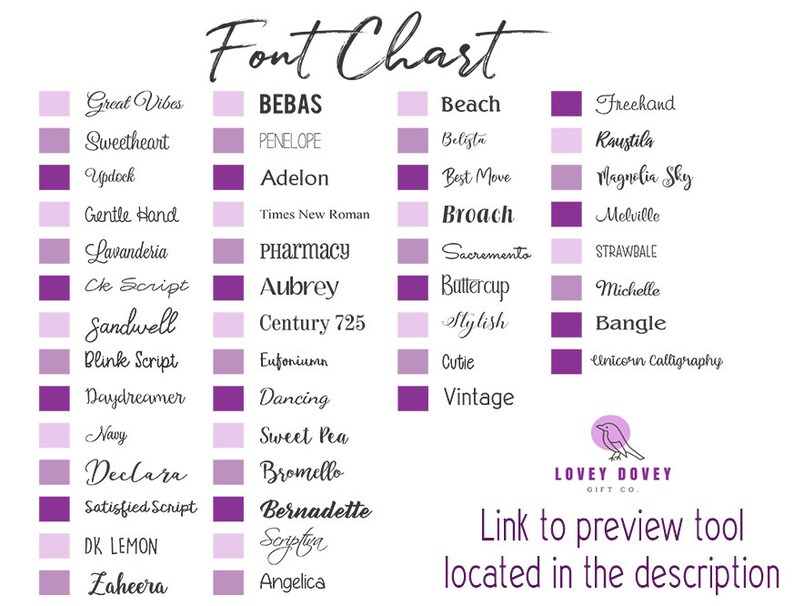 May include: A chart of different fonts in various colors, with the title "Font Chart". The chart is divided into three columns, each with a different color scheme. The first column is pink, the second is purple, and the third is light purple. Each column has a list of fonts with their names written in the corresponding font.