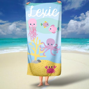 Ocean Creature Beach Towel, Personalized Ocean Themed Vacation Beach Towel, Ocean Animal Kids Beach Towel, Custom Sea Creature Beach Towel