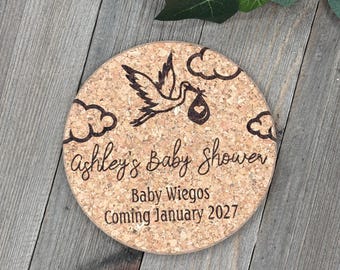 Newborn Stork Themed Cork Drink Coaster, Personalized Engraved Baby Shower Cork Coaster Favor, Rustic Party Favor