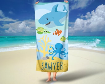 Underwater Sea Creatures Beach Towel, Vacation Beach Towel, Personalized Pool Towel, Shark Themed Beach Towel, Ocean Animal Kids Beach Towel