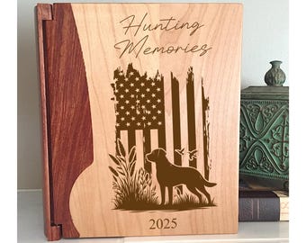 Hunting Memories Wood Photo Album, Personalized Hunting Memories Keepsake Picture Holder, Custom American Flag-Dog-Deer Hunter Themed Gift