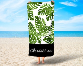 Personalized Tropical Beach Towel, Tropical Pool Party Towel, Tropical Palm Leaf Towel, Custom Tropical Beach Towel, Tropical Leaf Decor