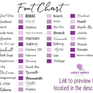 May include: A chart of different fonts in various colors, with the title "Font Chart". The chart is divided into three columns, each with a different color scheme. The first column is pink, the second is purple, and the third is light purple. Each column has a list of fonts with their names written in the corresponding font.